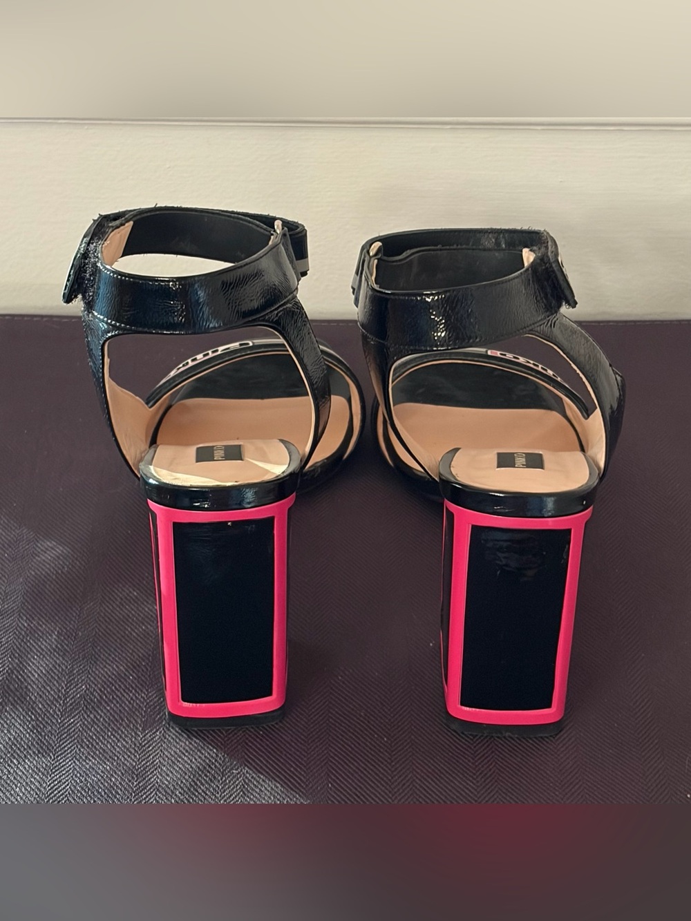 PINKO RAME Patent Leather Block High Heels In Fuchsia And Black Womens EU 39 - Picture 7 of 15